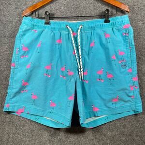 Party Pants Swim Trunks Men's XL Blue/Pink Flamingo AOP Geometric Stretch Swim